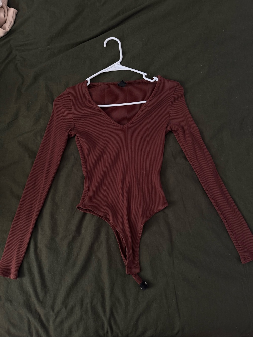 Brown Ribbed V-Neck Long Sleeve Bodysuit